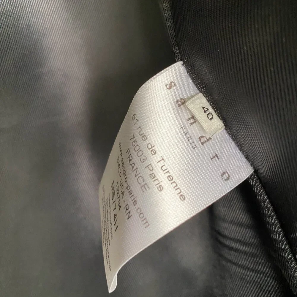 Sandro Women's Navy Wool Coat with Black Leather Trim, Size 40 - Picture 3 of 6